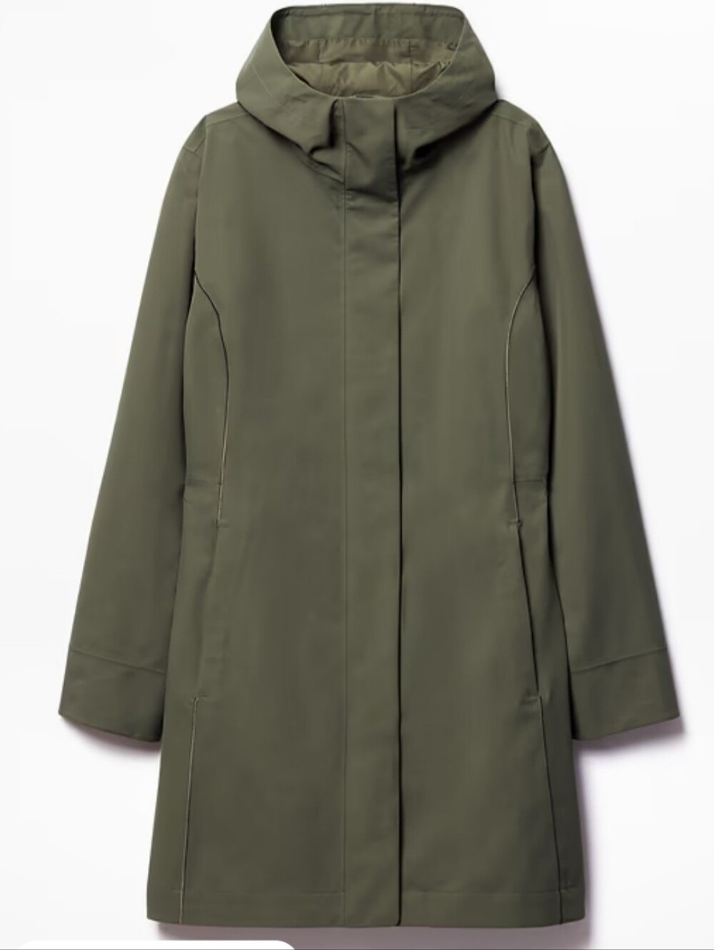 ATHLETA RAINOUT RIDGE Long Raincoat Trench Olive Green Hooded Raincoat Jacket L